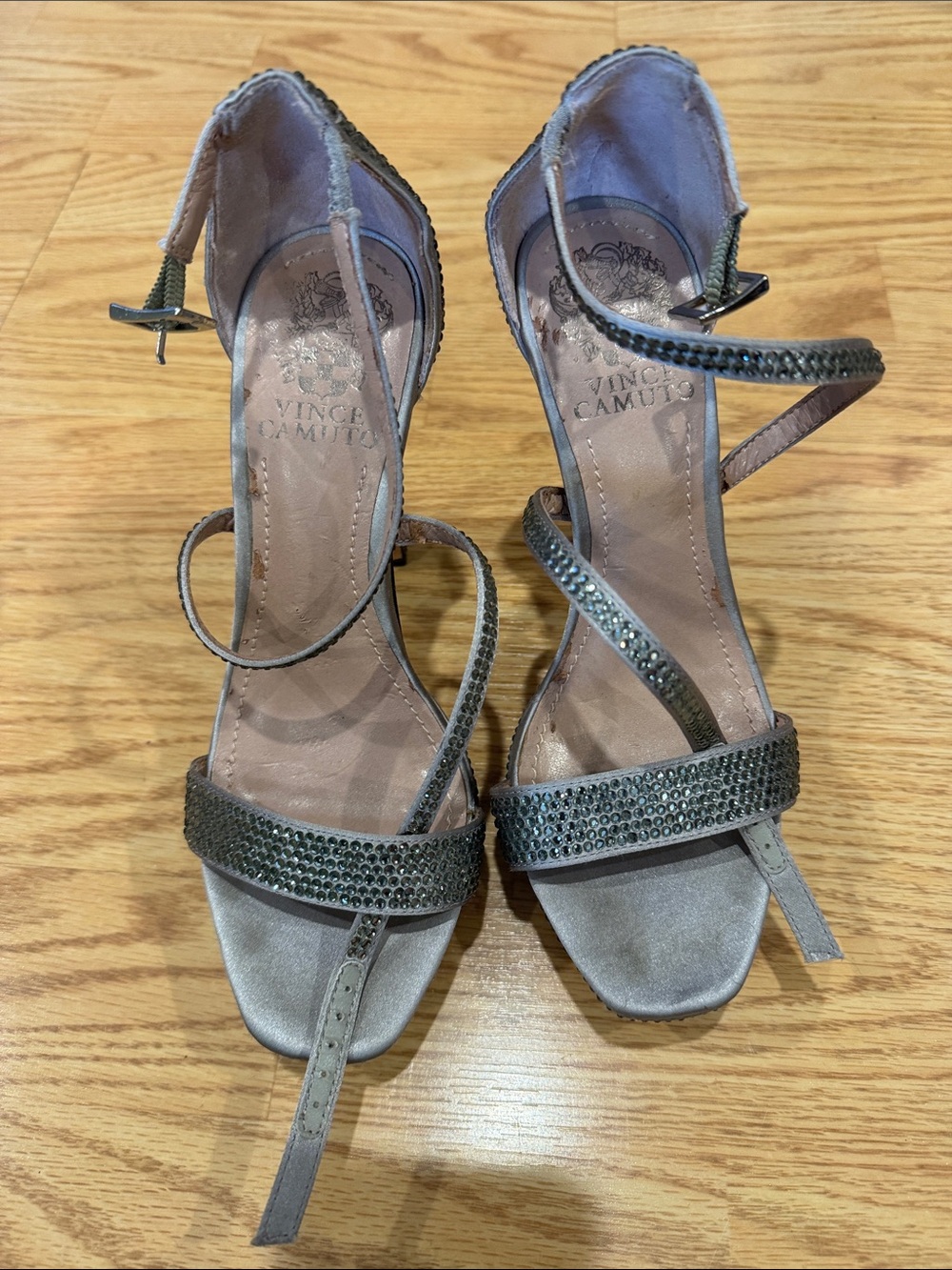 Vince Camuto Silver-Gray Rhinestone Strappy Heels